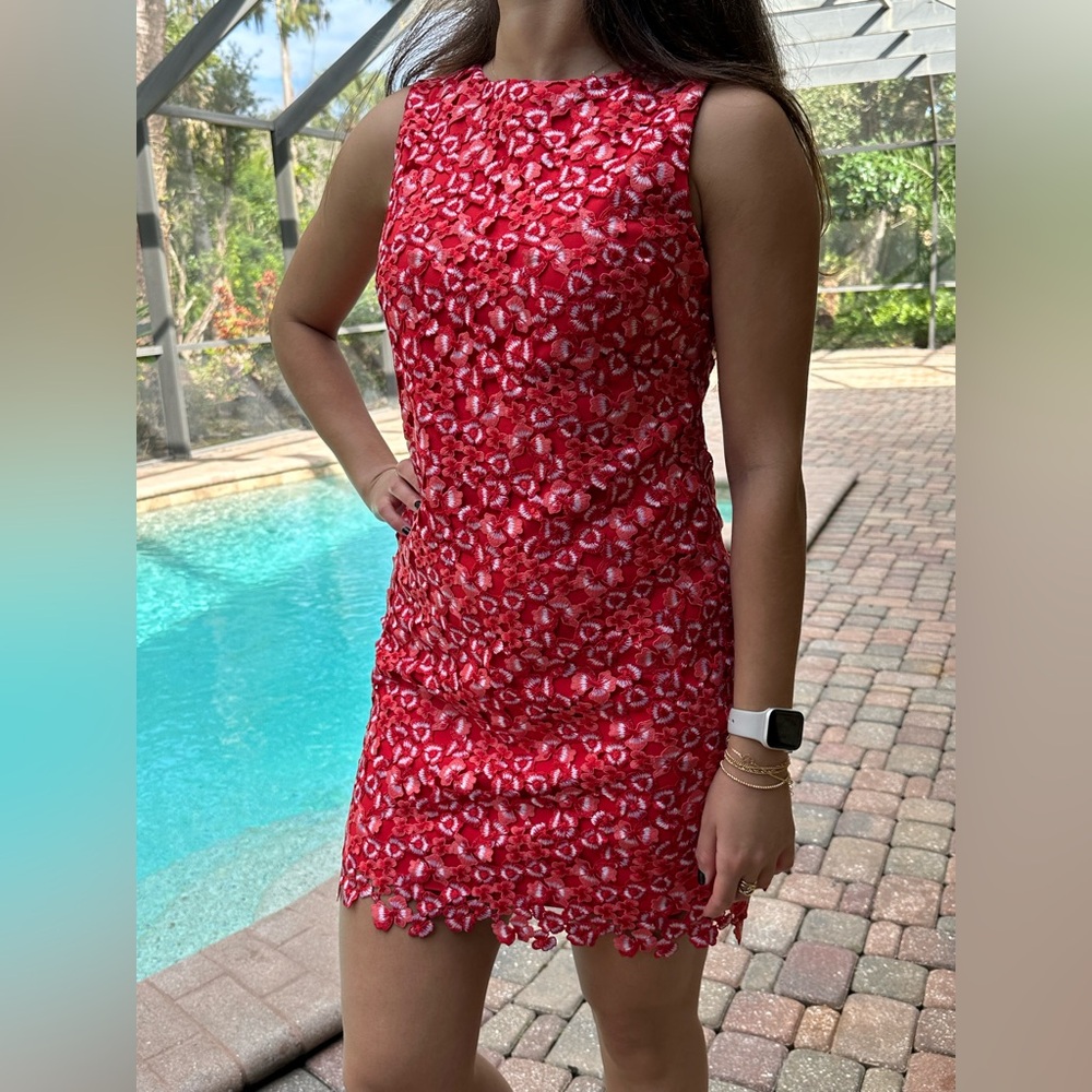Alice-+Olivia embroidered red dress with tags.